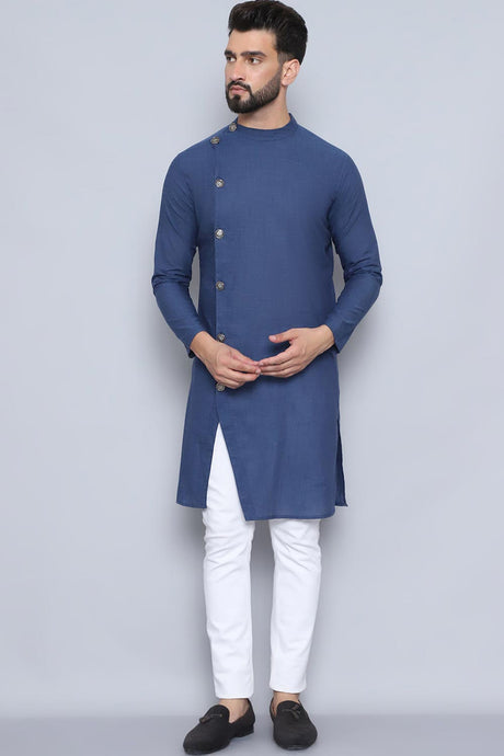 Men's Grey Cotton Solid Long Kurta