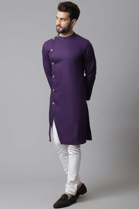 Men's Purple Cotton Solid Long Kurta