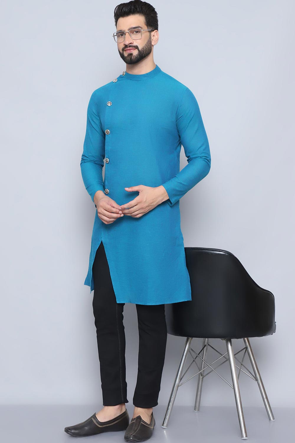 Men's Blue Cotton Solid Long Kurta