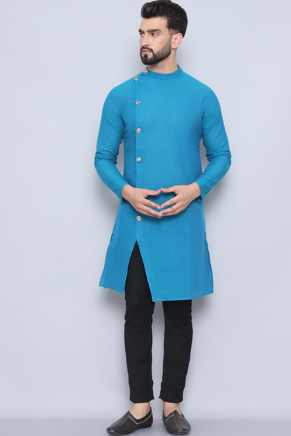 Men's Blue Cotton Solid Long Kurta