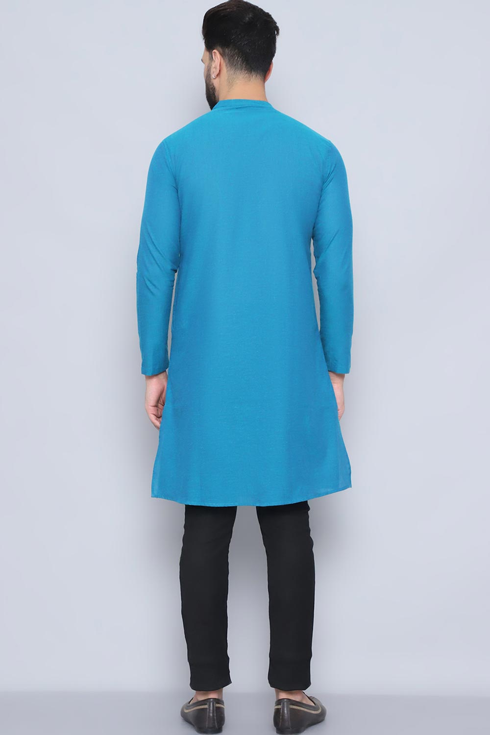 Men's Blue Cotton Solid Long Kurta