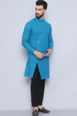 Men's Blue Cotton Solid Long Kurta