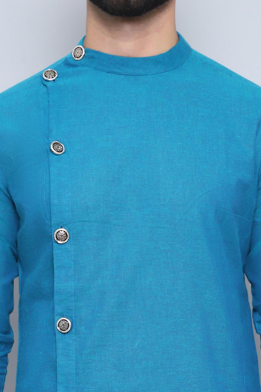 Men's Blue Cotton Solid Long Kurta