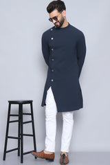 Men's Navy Blue Cotton Solid Long Kurta