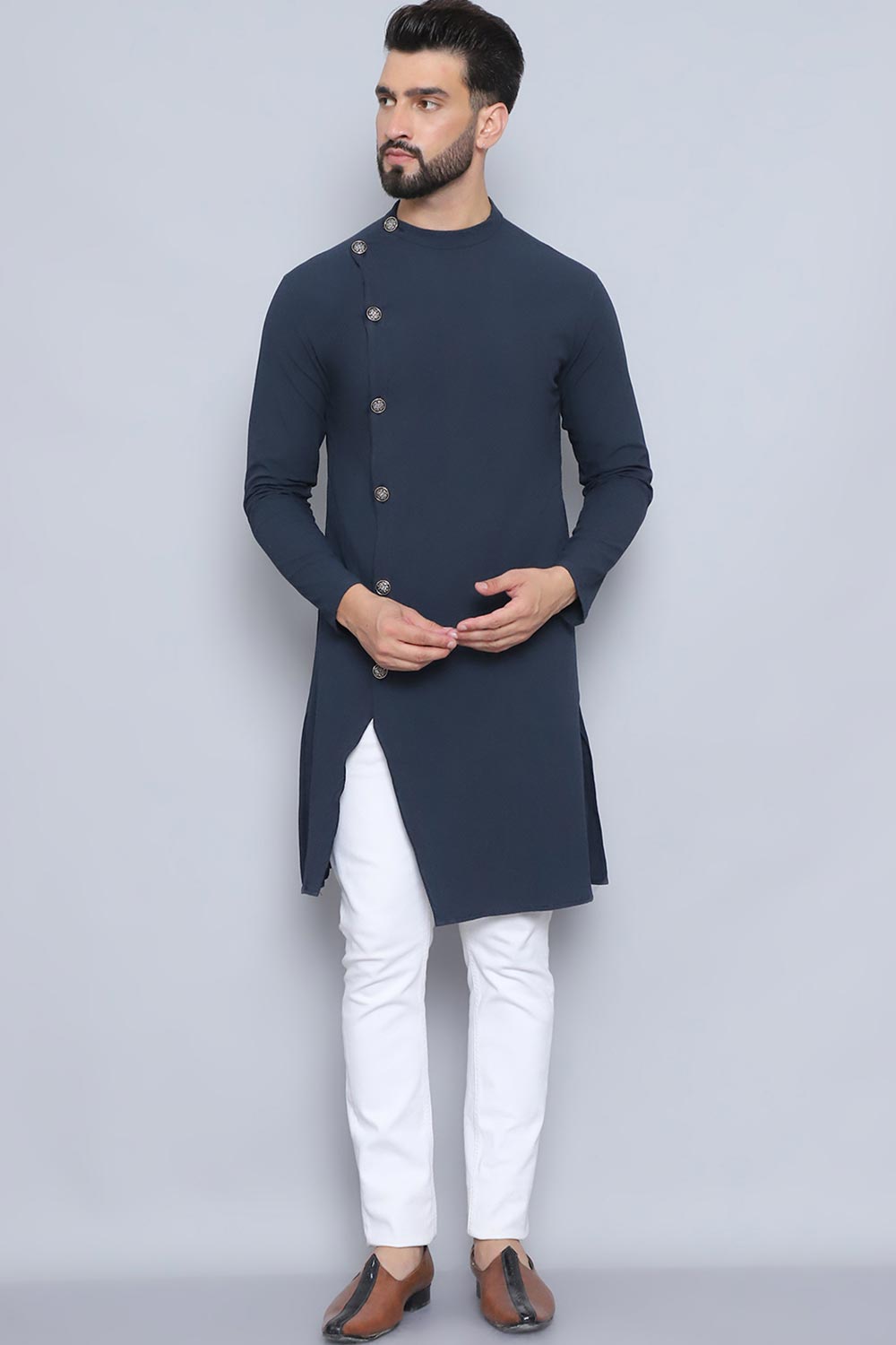 Men's Navy Blue Cotton Solid Long Kurta