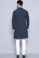 Men's Navy Blue Cotton Solid Long Kurta