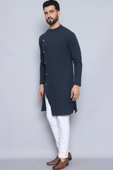 Men's Navy Blue Cotton Solid Long Kurta