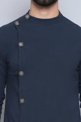 Men's Navy Blue Cotton Solid Long Kurta