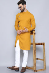 Men's Yellow Cotton Solid Long Kurta