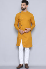 Men's Yellow Cotton Solid Long Kurta