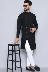 Men's Black Cotton Solid Long Kurta