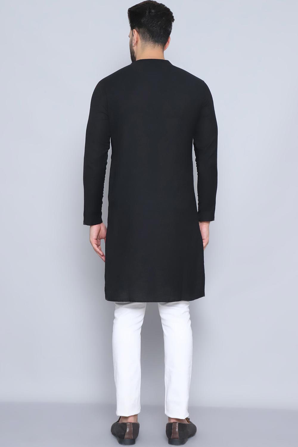 Men's Black Cotton Solid Long Kurta