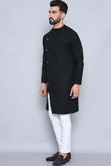 Men's Black Cotton Solid Long Kurta