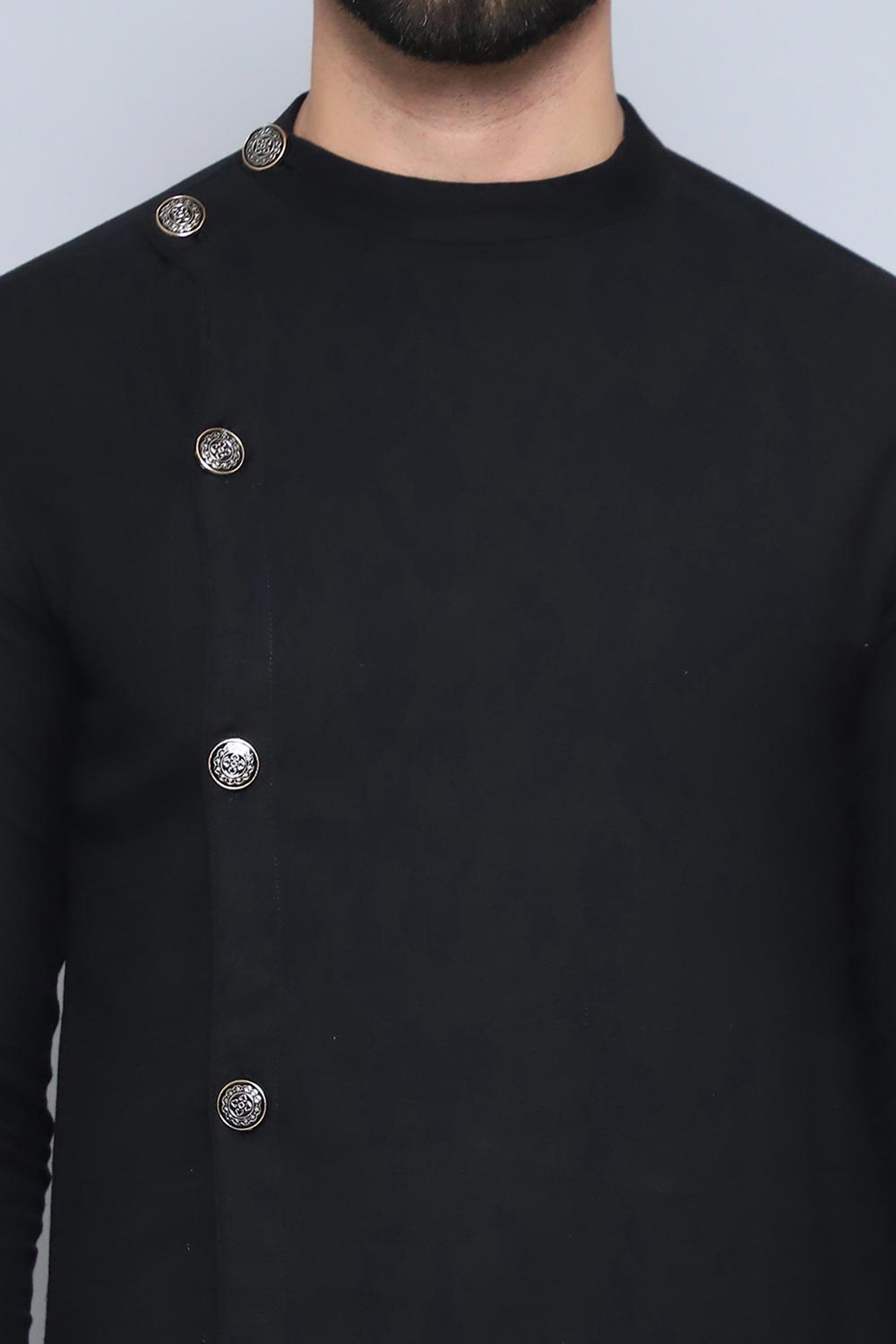 Men's Black Cotton Solid Long Kurta