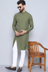 Men's Green Cotton Solid Long Kurta