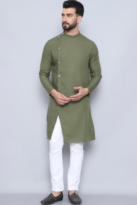 Men's Green Cotton Solid Long Kurta