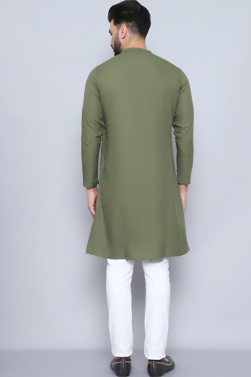 Men's Green Cotton Solid Long Kurta