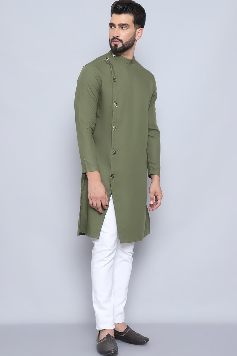 Men's Green Cotton Solid Long Kurta