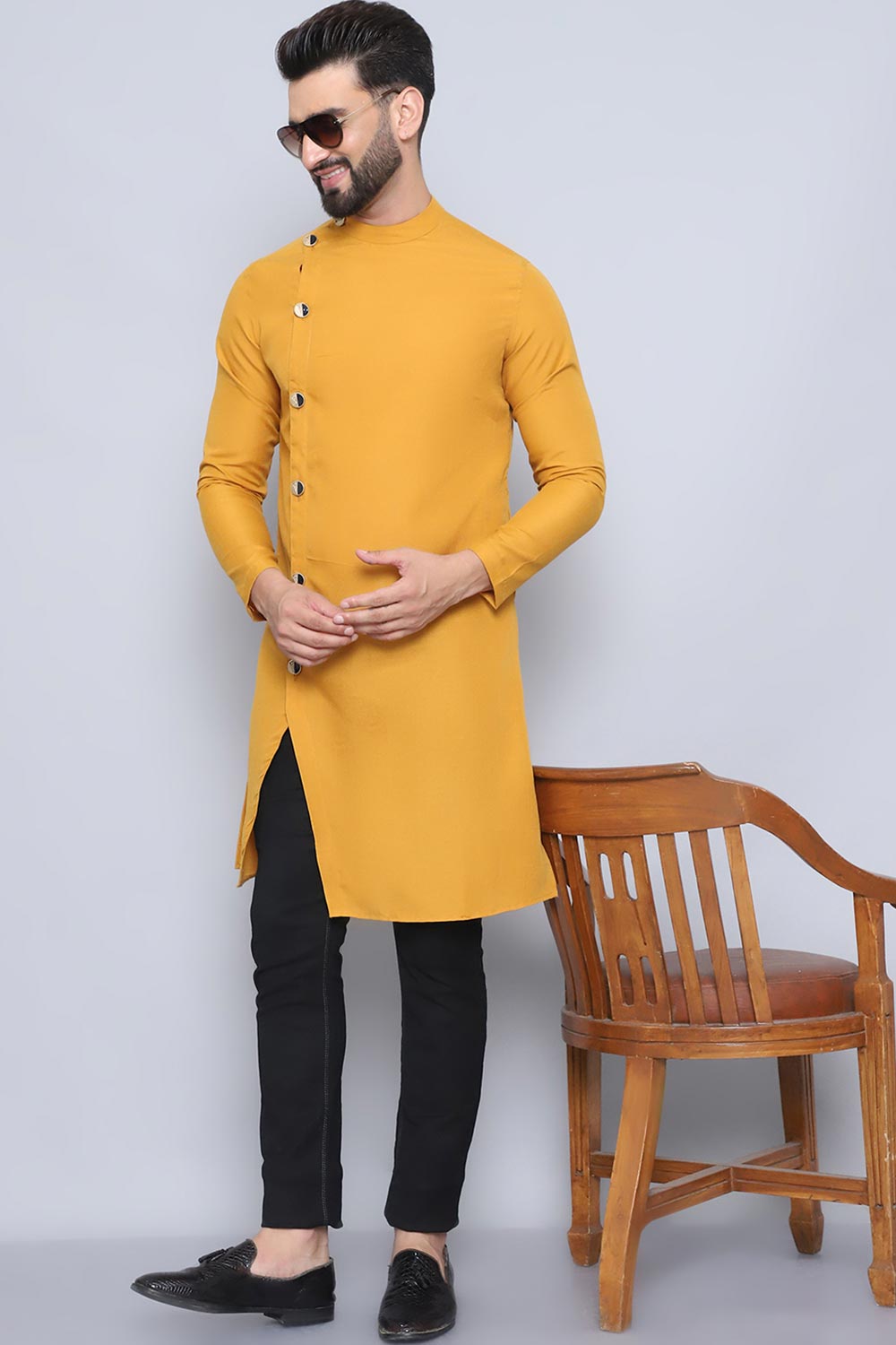 Men's Yellow Cotton Solid Long Kurta