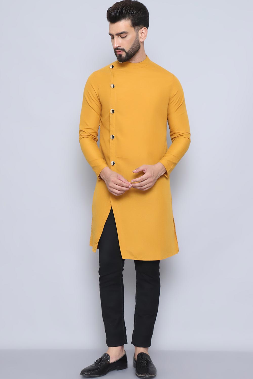 Men's Yellow Cotton Solid Long Kurta