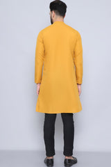 Men's Yellow Cotton Solid Long Kurta