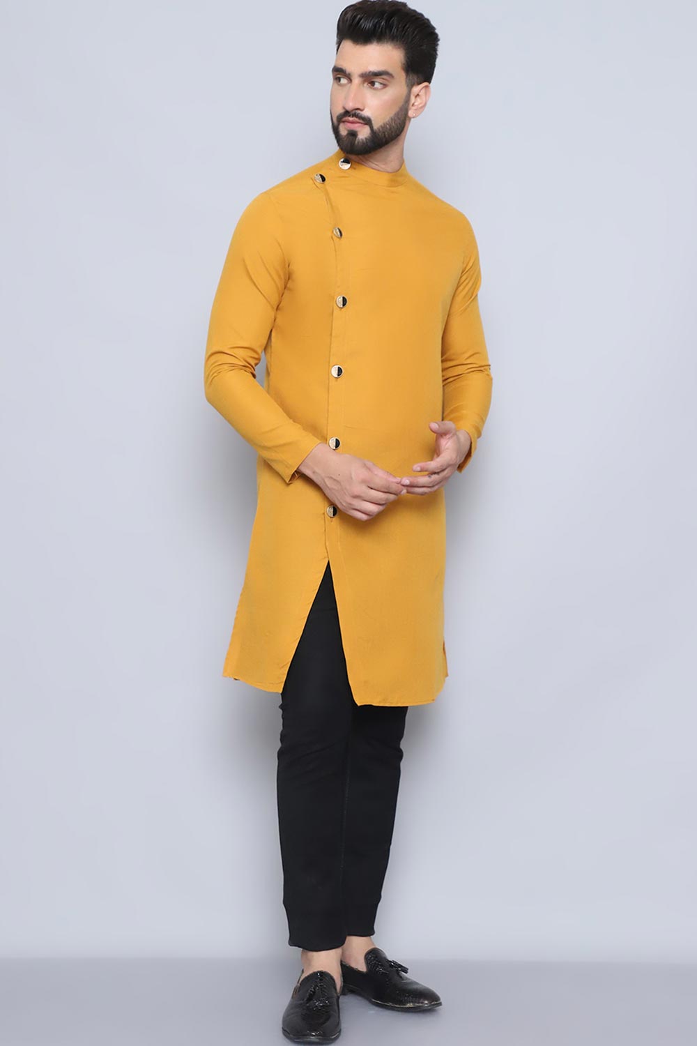 Men's Yellow Cotton Solid Long Kurta