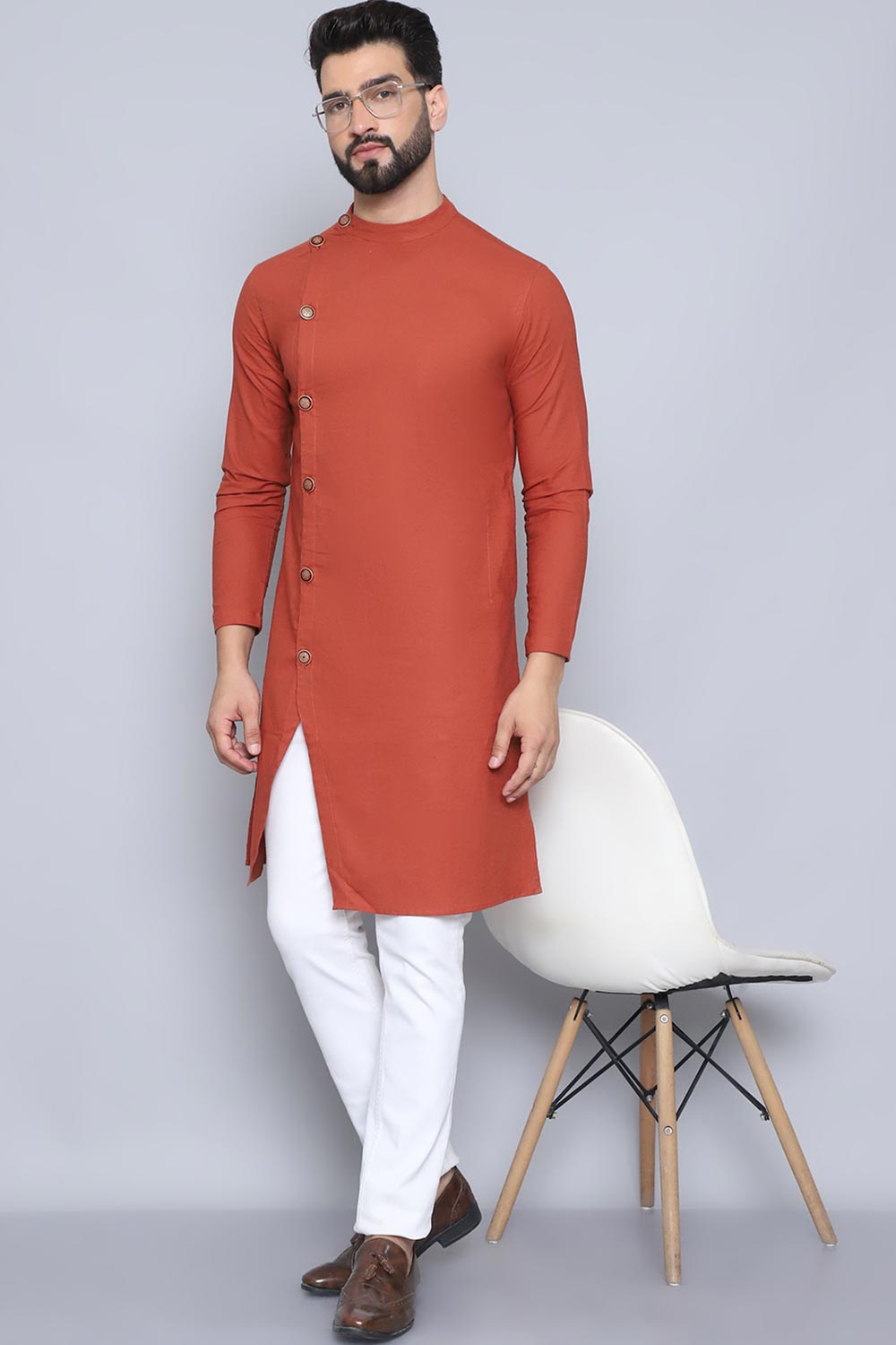 Men's Rust Cotton Solid Long Kurta