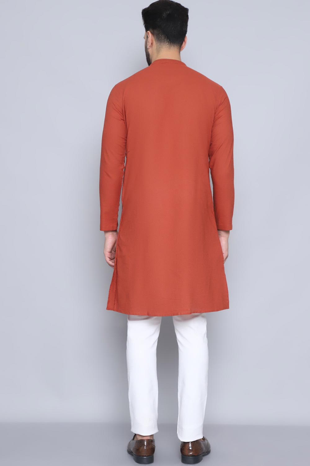 Men's Rust Cotton Solid Long Kurta