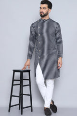 Men's Black Cotton Striped Long Kurta