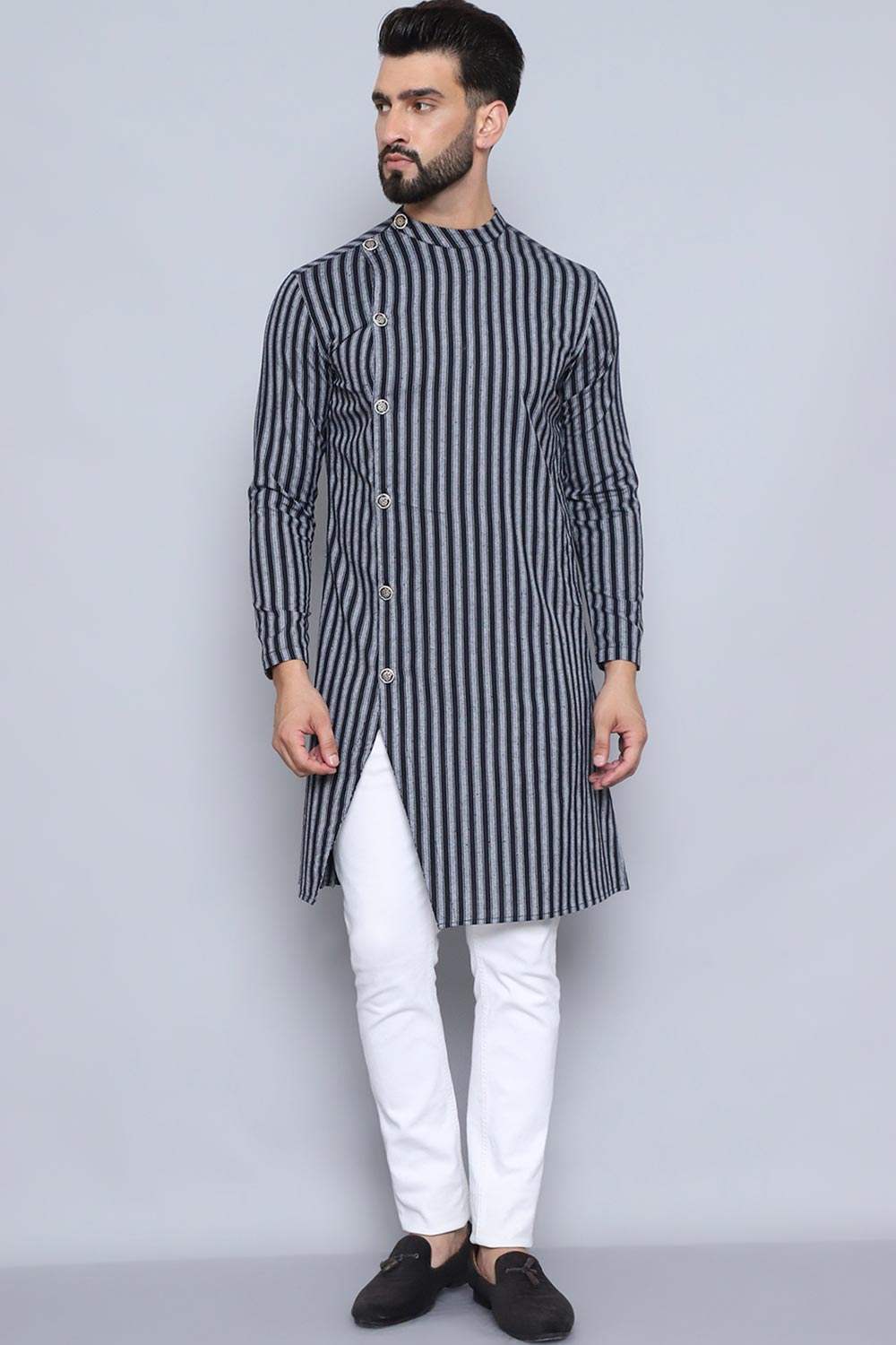 Men's Black Cotton Striped Long Kurta