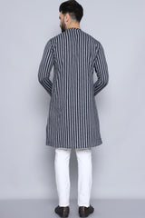 Men's Black Cotton Striped Long Kurta