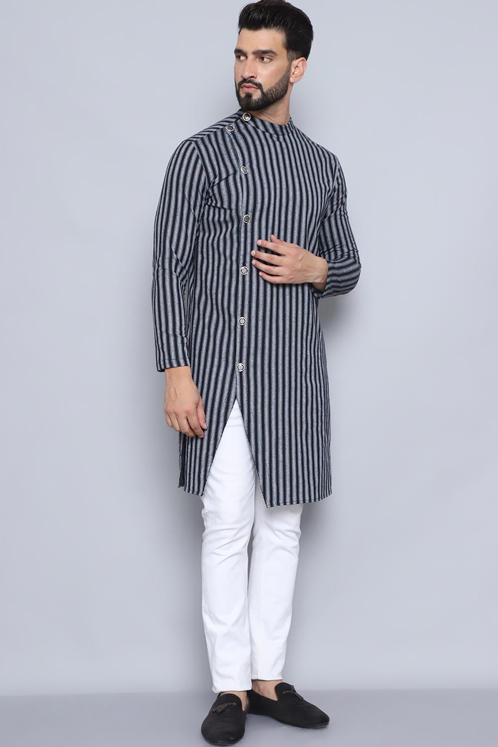 Men's Black Cotton Striped Long Kurta