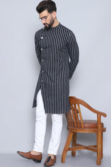 Men's Black Cotton Striped Long Kurta