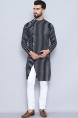 Men's Black Cotton Striped Long Kurta