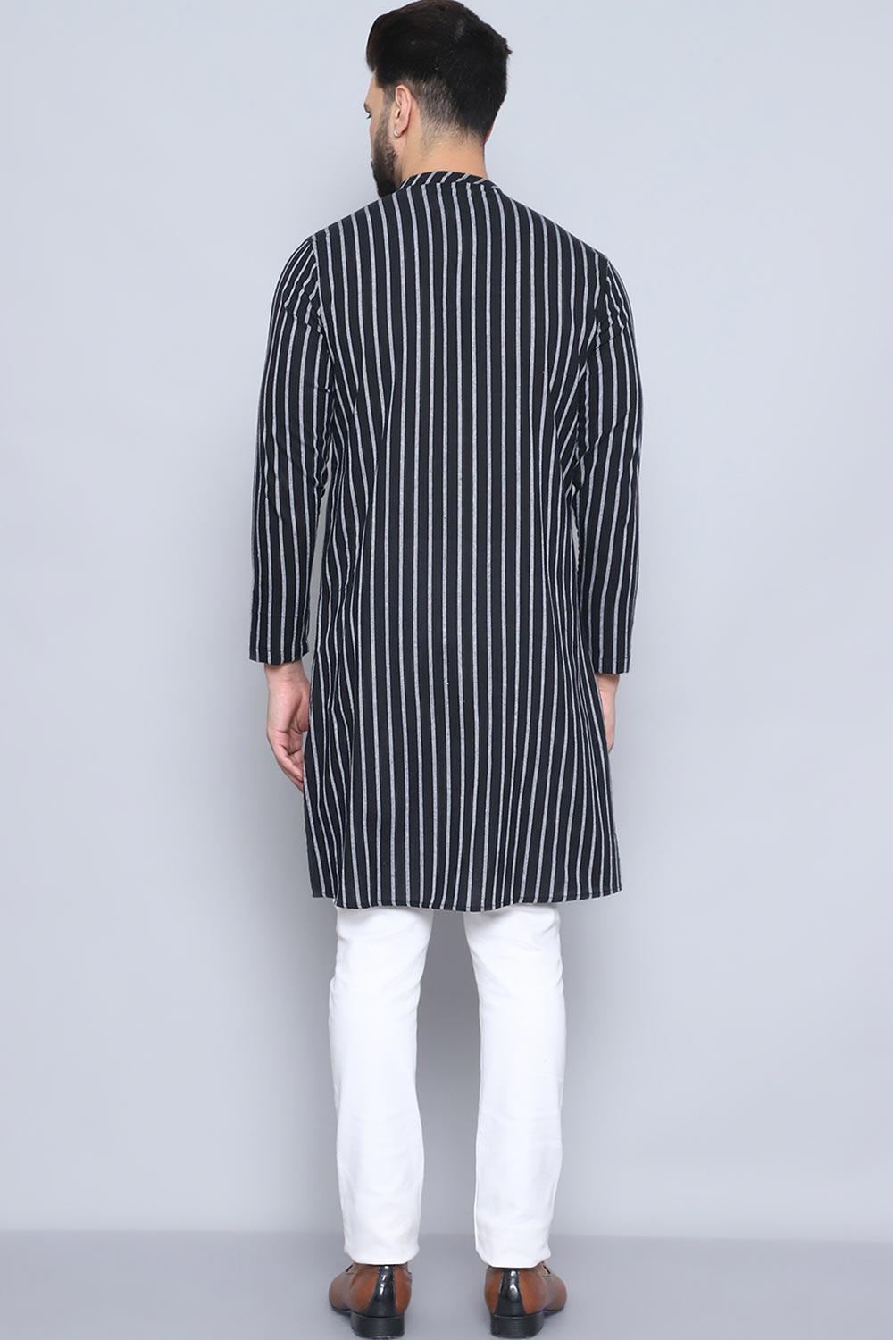 Men's Black Cotton Striped Long Kurta