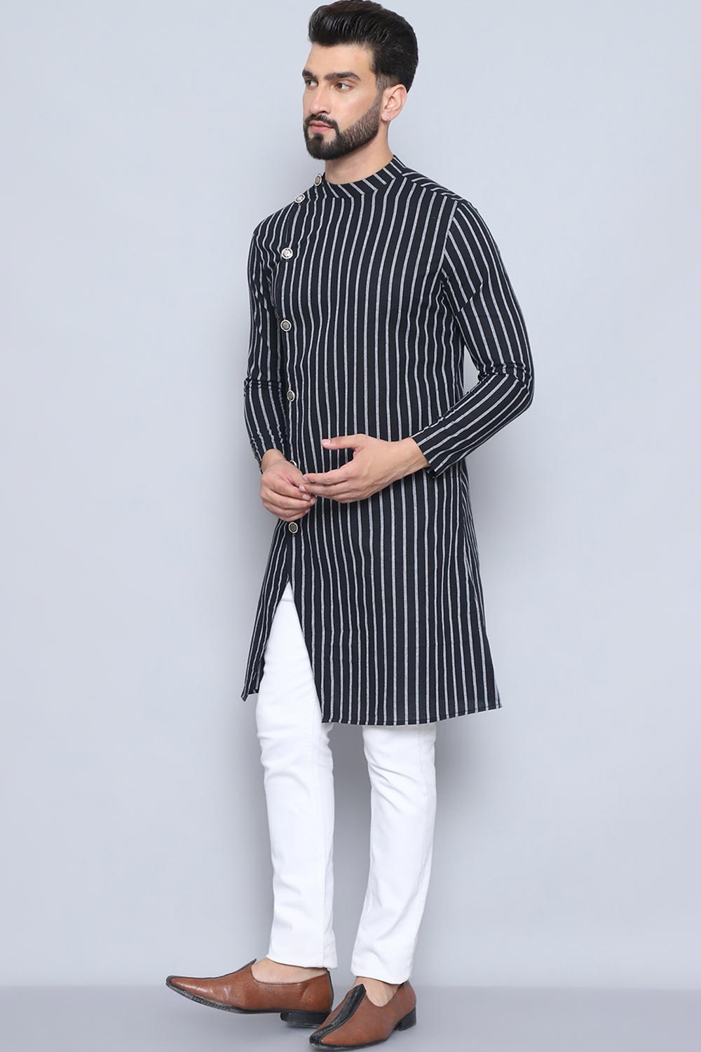 Men's Black Cotton Striped Long Kurta