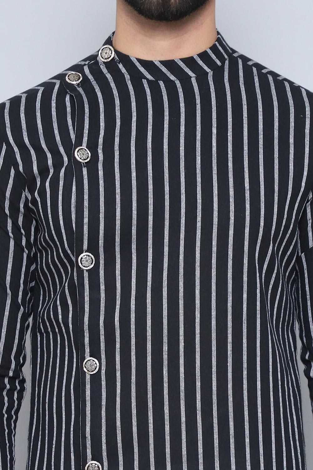 Men's Black Cotton Striped Long Kurta