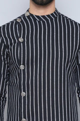 Men's Black Cotton Striped Long Kurta