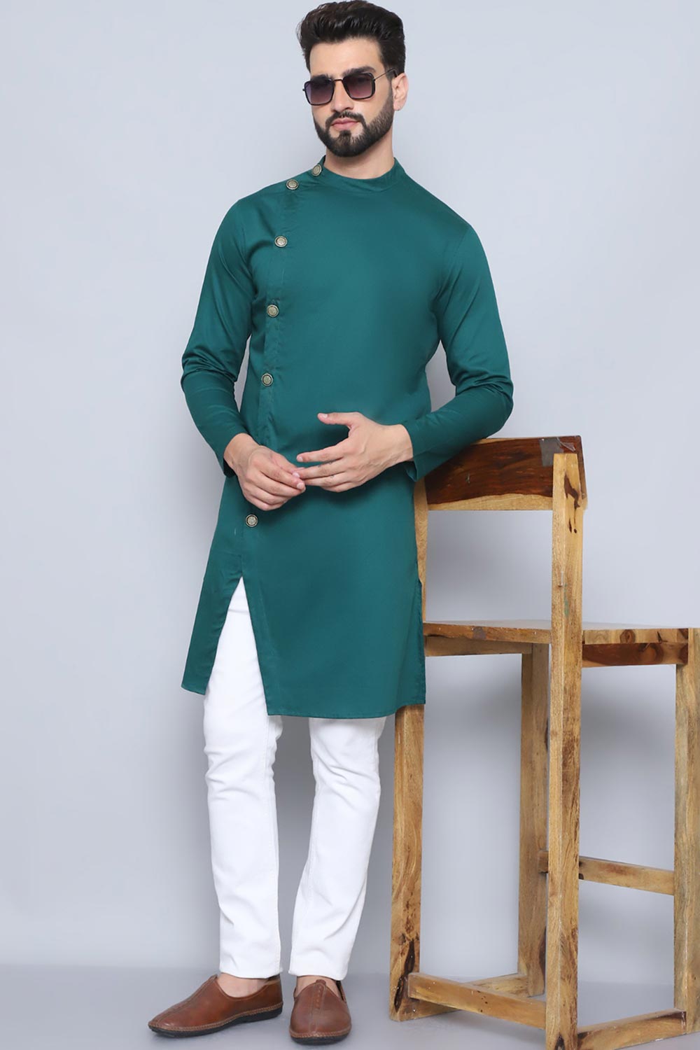 Men's Green Cotton Solid Long Kurta