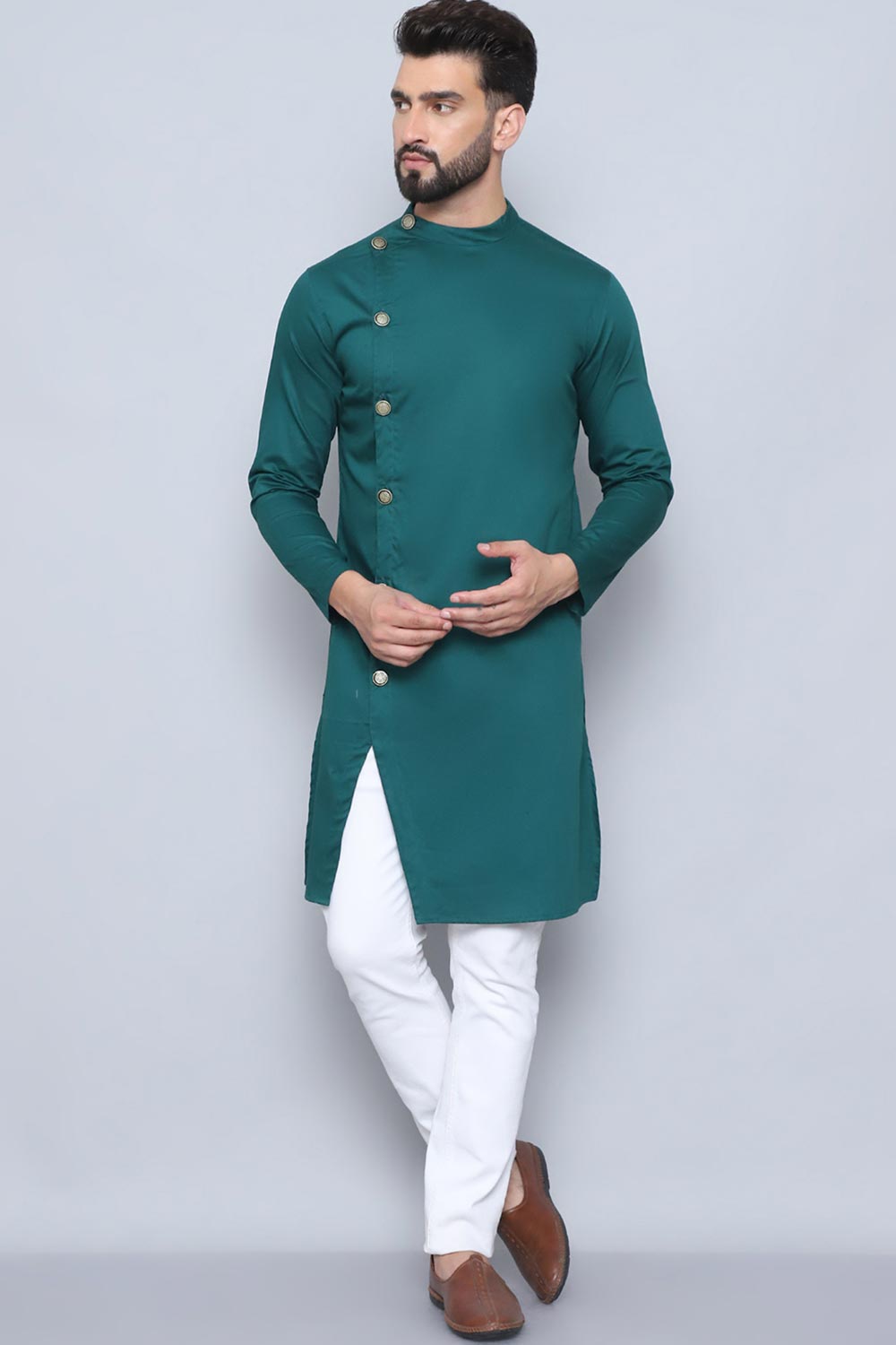 Men's Green Cotton Solid Long Kurta