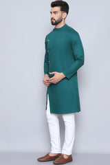 Men's Green Cotton Solid Long Kurta