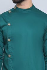 Men's Green Cotton Solid Long Kurta