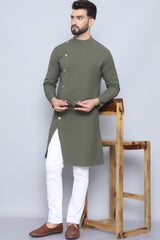 Men's Green Cotton Solid Long Kurta