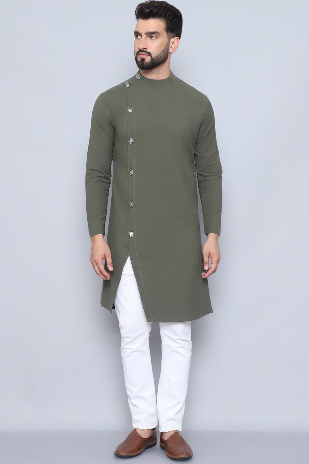 Men's Green Cotton Solid Long Kurta