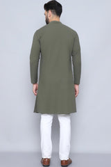 Men's Green Cotton Solid Long Kurta