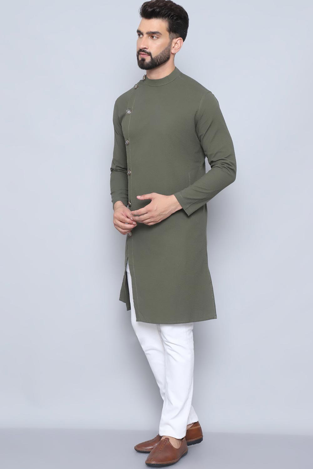 Men's Green Cotton Solid Long Kurta