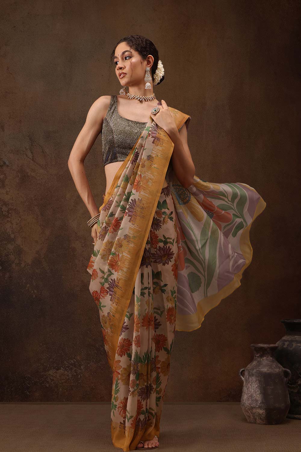 Cotton Blend Multicolor Striped Saree