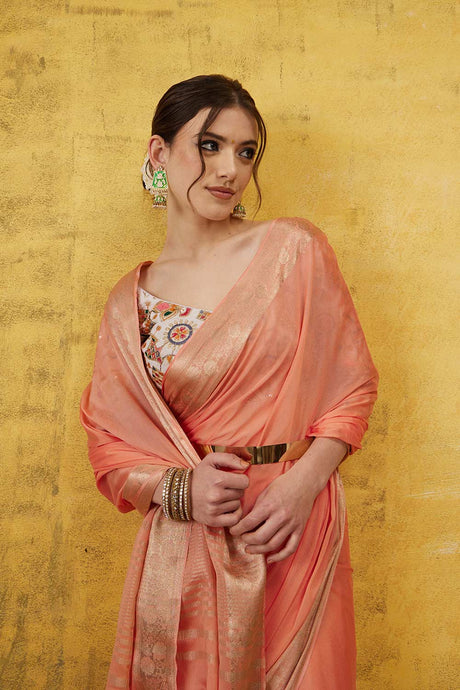 Peach Pure Viscose Chinon Solid Saree