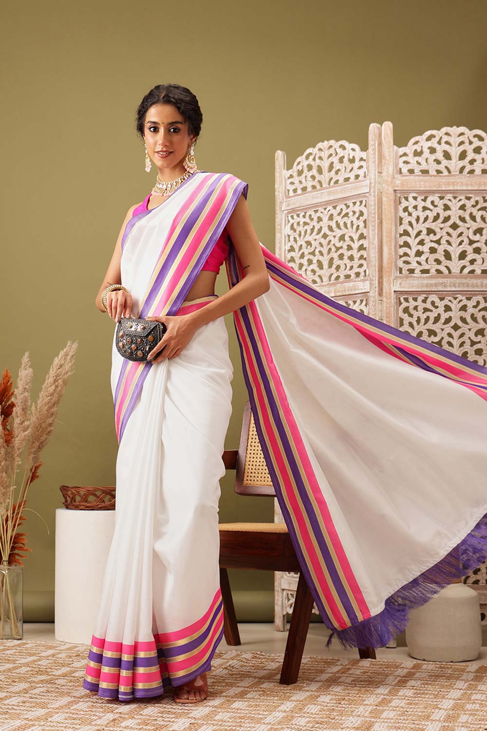 White Soft Silk Solid Kasavu Saree