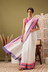 White Soft Silk Solid Kasavu Saree